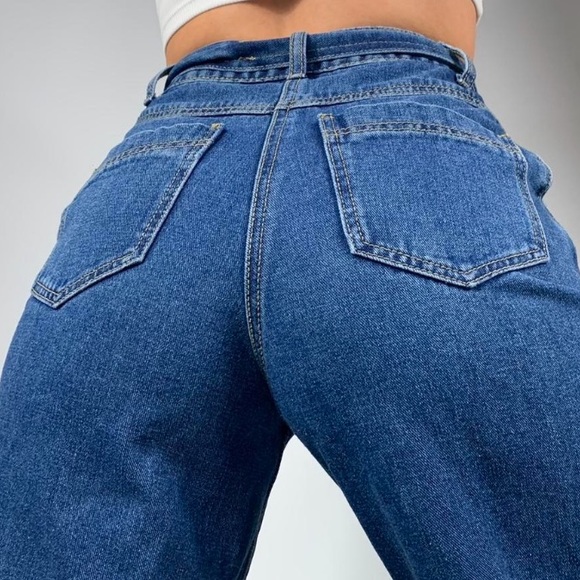 VINTAGE DARK WASH LACED UP BELT AUTHENTIC DENIM HIGH WAISTED WIDE LEG MOM JEANS - Picture 3 of 4